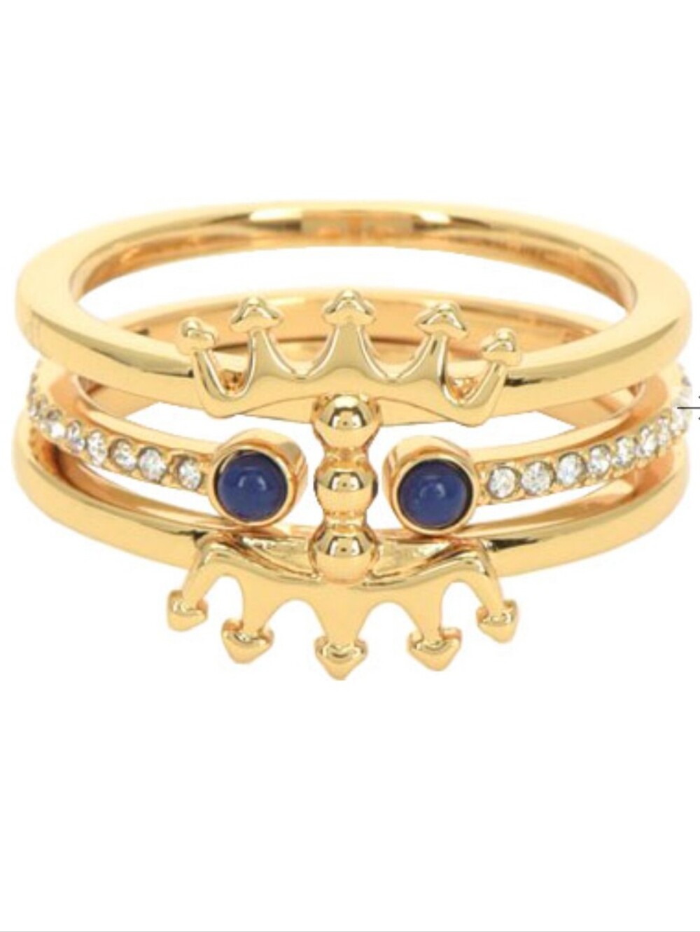 👑JUICY COUTURE Beaded Crown Gold Tone Stacking Rings Cubic Zirconia Blue Stone
